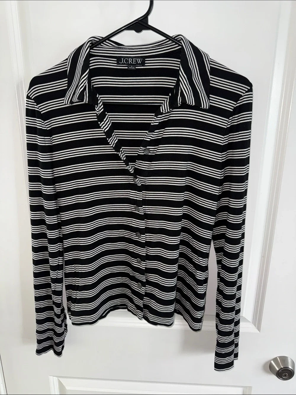 J. Crew Black and White Striped Button-Front Polo Shirt